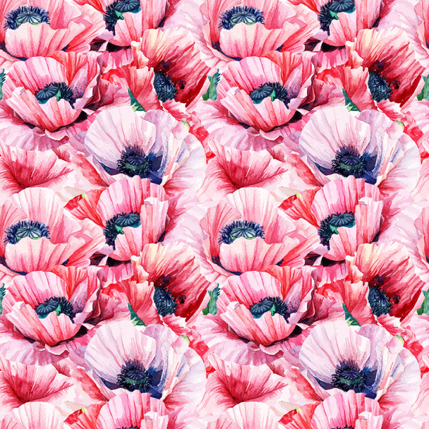 Seamless pattern of vector watercolor pink poppies.  - Vector, Image