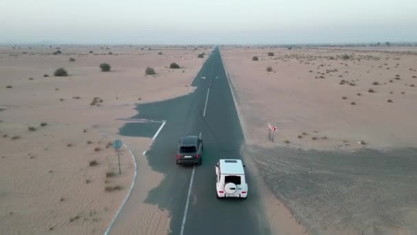 Dron proletí kolem dvou drahých aut jedoucích po prázdné silnici mezi písky pouště. Letecký pohled, Pomalý pohyb. - Záběry, video