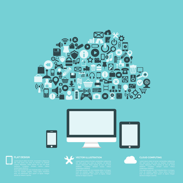 flacher abstrakter Hintergrund mit Web-Icons. Schnittstellen-Symbole. Cloud Computing. Mobilgeräte. - Vektor, Bild
