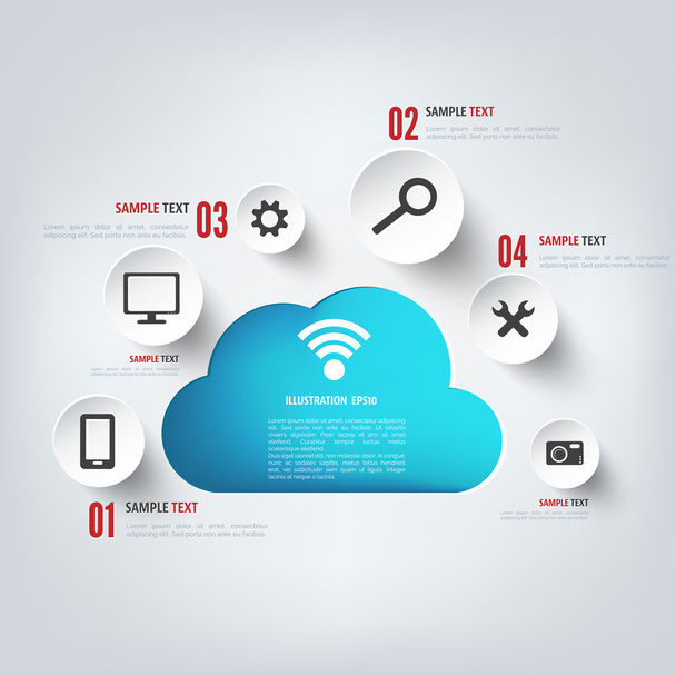 Cloud computing background with web icons. Social network. Mobile app. - Vektor, Bild