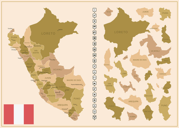 Peru - mapa detalhado do país em cores castanhas, dividido em regiões. Ilustração vetorial - Vetor, Imagem