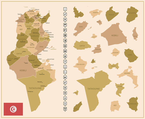 Tunézia - részletes térképet az ország barna színekben, régiókra osztva. Vektorillusztráció - Vektor, kép