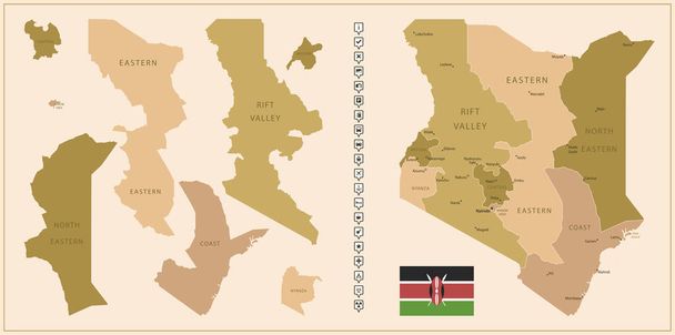 Kenya - detailed map of the country in brown colors, divided into regions. Vector illustration - Vector, Image