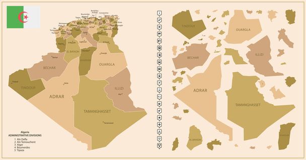 Алжир - детальна карта країни коричневого кольору, розділена на регіони. Векторні ілюстрації - Вектор, зображення