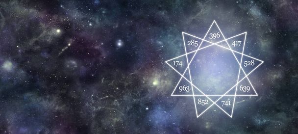 Solfeggio εννέα μυτερό αστέρι μήνυμα banner - βαθύ διάστημα νυχτερινό ουρανό φόντο με ένα αστέρι 9 σημείων που περιέχει τις εννέα συχνότητες solfeggio και να αντιγράψετε χώρο για μηνύματα στην αριστερή πλευρά - Φωτογραφία, εικόνα