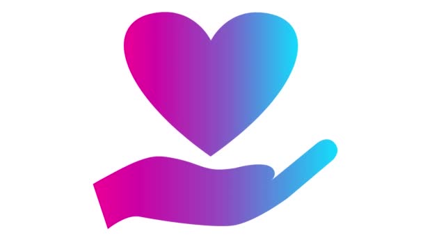 Geanimeerd roze blauw kloppend hart op palm. Een video van hartkloppingen. Concept van liefdadigheid, gezondheid, geneeskunde. Vector illustratie geïsoleerd op de witte achtergrond. - Video