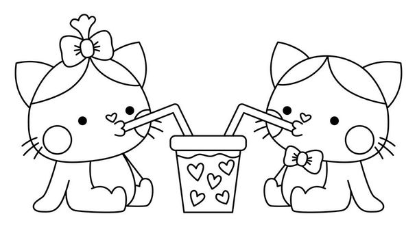 Vector black and white kawaii cat pair drinking bubble tea. Line kitties isolated clipart. Cute kitten outline illustration. Funny Saint Valentine day coloring page for kids with love concep - Vector, Image