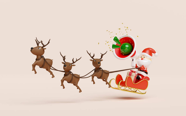 3d reindeer with Santa Claus, sleigh, gift box, megaphone or hand speaker, announce promotion news. merry christmas and happy new year, 3d render illustration - Photo, Image