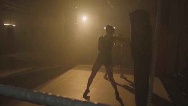 Largo tiro de dos boxeadoras golpeando sacos de boxeo mientras hacen ejercicio en interiores - Imágenes, Vídeo
