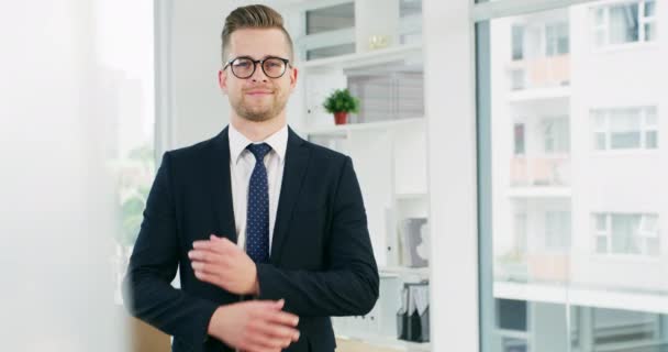 Face, business and man with arms crossed, smile and office with confident employee, agent and consultant with startup. Portrait, person or lawyer with happiness, Canada or professional in a workplace. - Footage, Video
