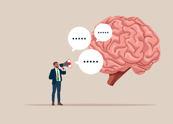 Információt kommunikálni az agyban. Az üzletember hangosbeszélőbe beszéli az üzenetet. Emberi hangszóróval, ami felkelti a figyelmet. Vektorillusztráció - Vektor, kép
