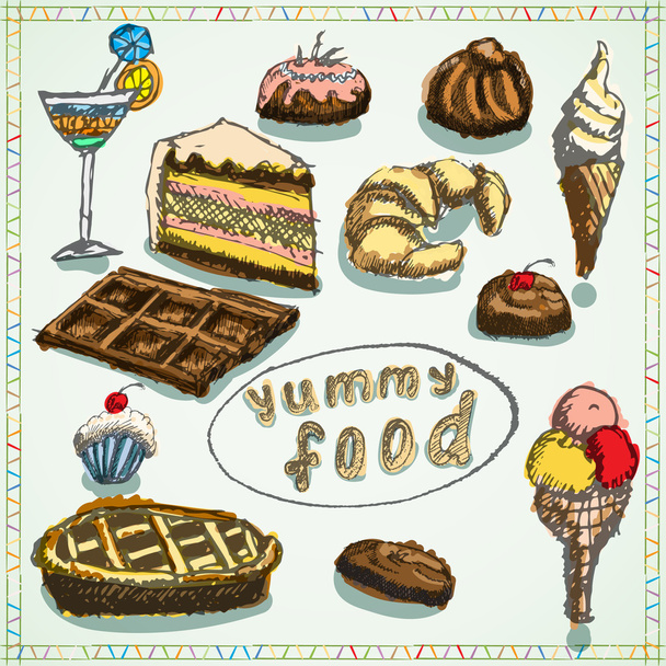 Essen Wüsten Set Skizze handgezeichnet farbig - Vektor, Bild