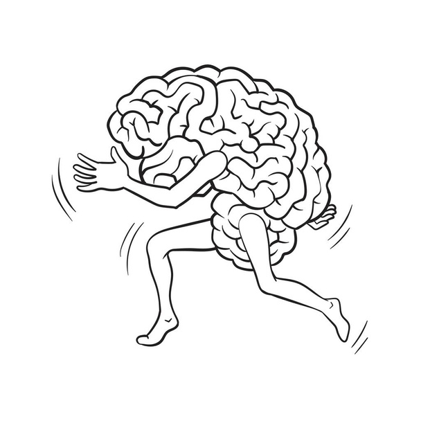 Exécution cerveau dessin animé ligne icône vectoriel illustration. Noir et blanc dessiné à la main - Vecteur, image