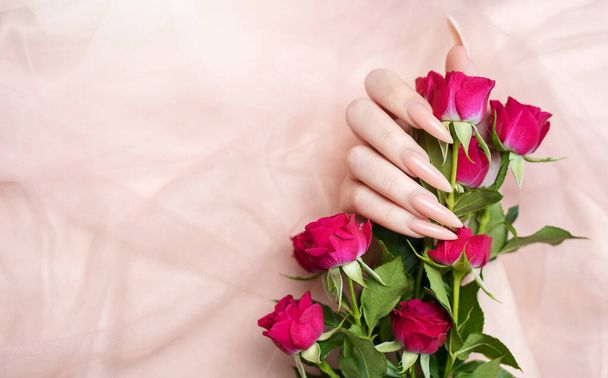 Elegante manicura natural de color rosa pastel. Manos femeninas con rosas sobre fondo de seda rosa. - Foto, imagen