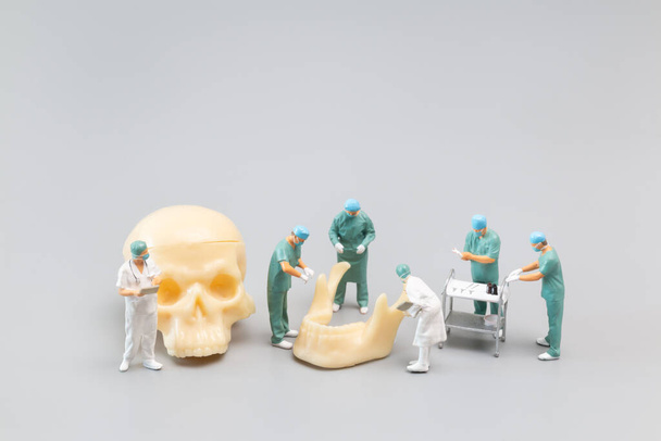 Мініатюрні люди Доктор з гігантським людським черепом на сірому фоні, Наука та Медична концепція
 - Фото, зображення