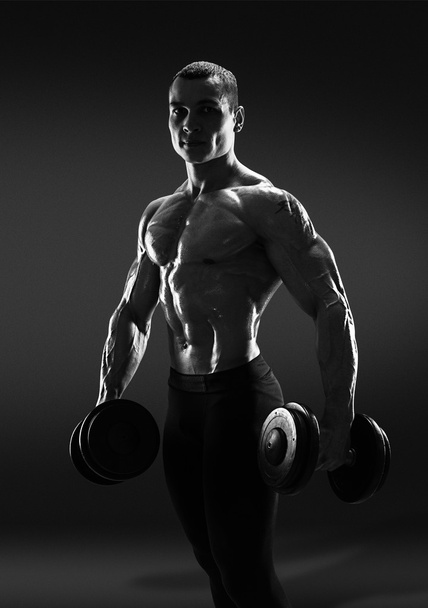 Handsome power athletic man bodybuilder doing exercises with dum - Фото, зображення