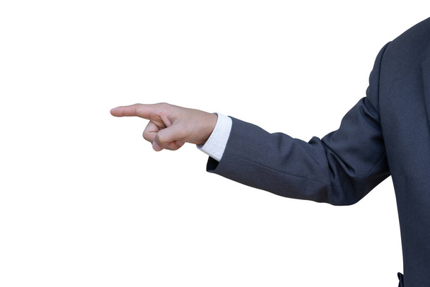 Hand of man in pak wijzend met vinger geïsoleerd op transparante achtergrond. PNG-bestand - Foto, afbeelding