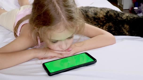 Un niño mira una pantalla de teléfono verde en la cama con un gato negro. Pantalla verde cromada. Comunicación, juego o dibujos animados en el teléfono. - Metraje, vídeo