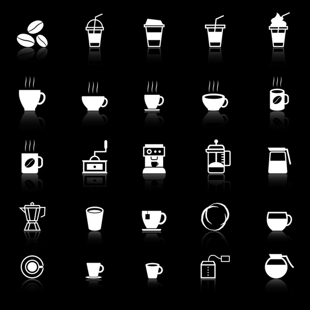 Coffee icons with reflect on black background - Vektor, Bild