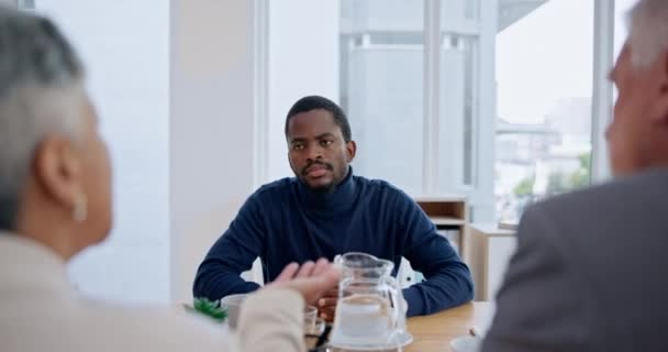 Client meeting, business and people negotiation for investment deal, b2b contract or company acquisition. Human resources, hiring recruitment and black man listening in job interview with HR manager. - Footage, Video