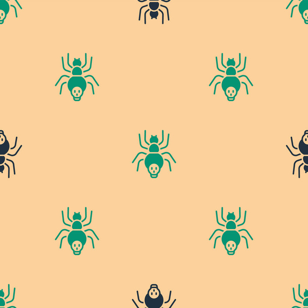 Icona del ragno velenoso verde e nero isolato modello senza cuciture su sfondo beige. Buona festa di Halloween. Vettore - Vettoriali, immagini