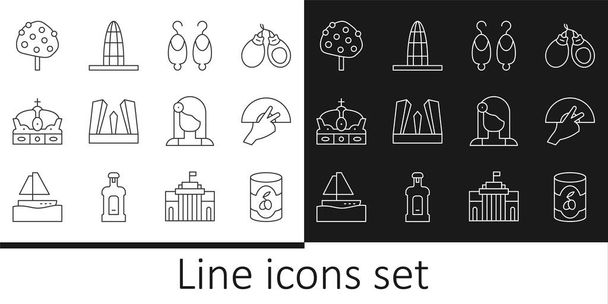Set line Olives in can, Fan flamenco, Earrings, Gate of Europe, Crown spain, Orange tree, Spanish woman and Agbar tower icon. Vector - Vector, Image