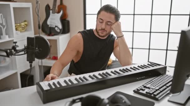 Joven músico hispano tocando el piano cansado en el estudio de música - Metraje, vídeo