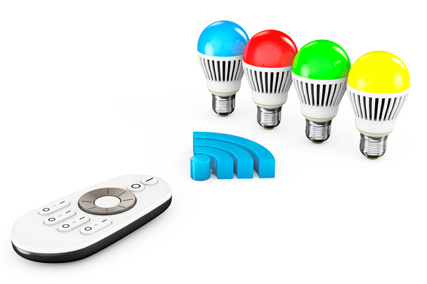 Nahaufnahme LED-Lampen mit Fernbedienung und Wifi-Zeichen   - Foto, Bild
