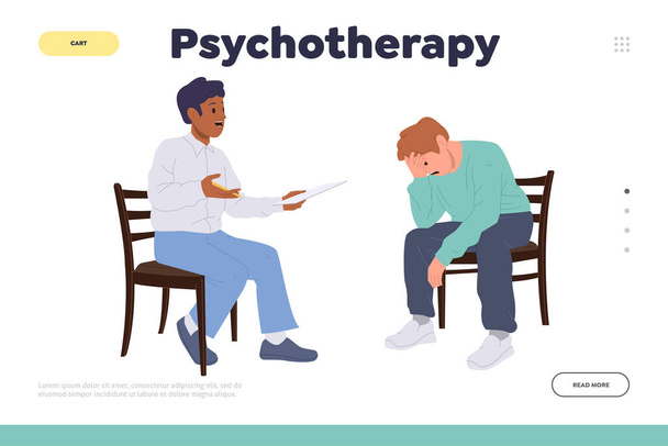 Psychotherapy online υπηρεσία landing page πρότυπο σχεδιασμού που παρέχει ψυχολογική βοήθεια για τους ανθρώπους. Εικονογράφηση φορέα ιστοχώρου με το νεαρό απογοητευμένο άτομο στη συνεδρία ψυχοθεραπευτή θεραπεία διαβούλευσης - Διάνυσμα, εικόνα