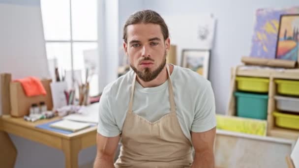 Young hispanic man artist sitting on chair with serious face at art studio - Footage, Video