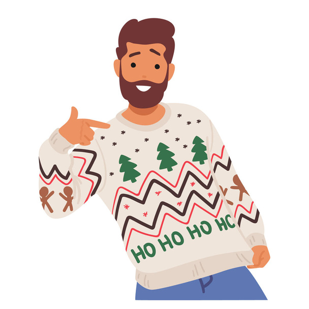 Férfi egy hangulatos karácsonyi pulóverben, ünnepi mintákkal, vidám mosollyal és csillogással a szemében. Szakállas férfi karakter pózolás. Rajzfilm emberek vektor illusztráció - Vektor, kép