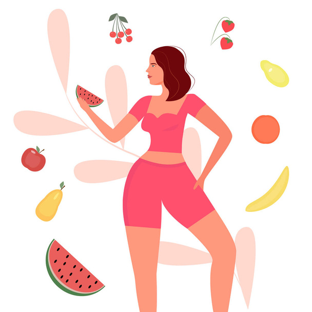 Dieta de frutas saudável para uma menina atlética. Verão ilustração vetor brilhante - Vetor, Imagem