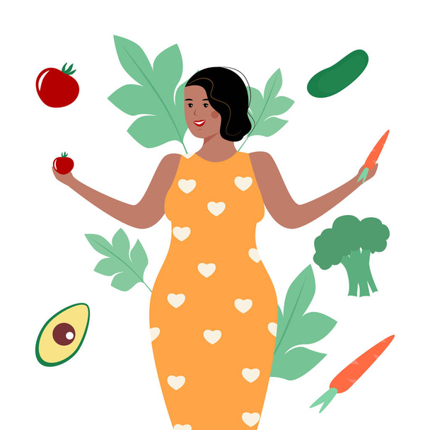 La comida sana de hortalizas - la ración planificada para la muchacha. Ilustración de vectores planos conceptuales coloridos - Vector, imagen
