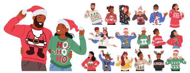 Ünnepi karakterek Adott karácsonyi pulóverek díszített vidám minták és élénk színek, terjesztése ünnepi éljenzés meleg mosollyal és szívmelengető szellem. Rajzfilm emberek vektor illusztráció - Vektor, kép