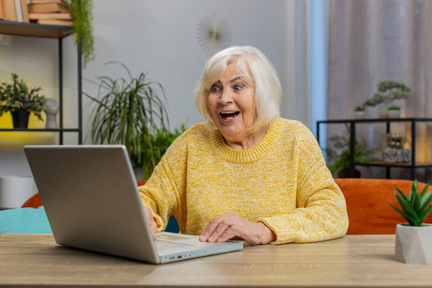 Happy senior old woman at home couch with laptop scream in delight triumph winner gesture celebrate success win money in lottery. Excited elderly mature grandmother get online good news message email - Photo, Image