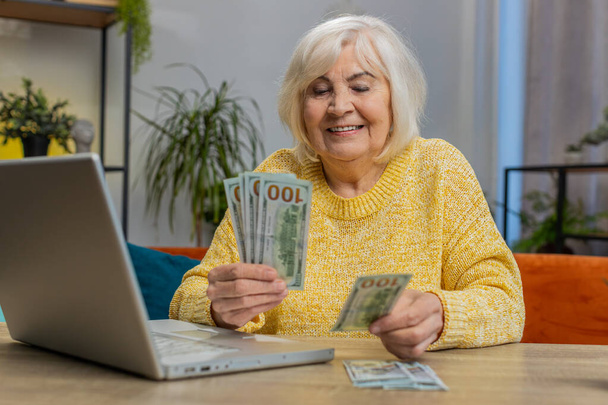 Rich happy senior old woman counting money cash use laptop computer calculate domestic bills at home room. Elderly grandmother pensioner satisfied of income earnings, saves money for vacation gifts - Photo, Image