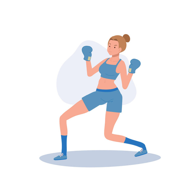 Mujer deportiva activa boxeando con confianza. Potente boxeadora femenina en sesión de entrenamiento de gimnasio - Vector, Imagen