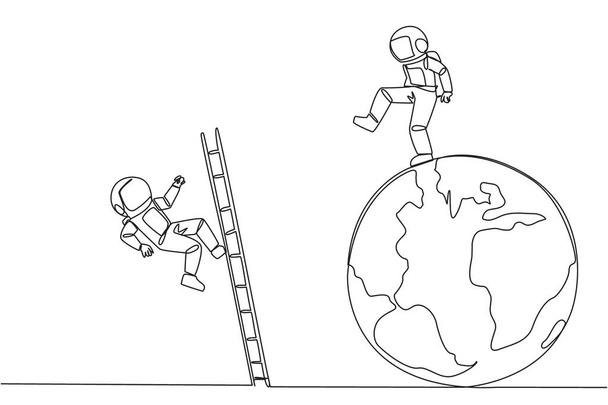 宇宙飛行士を描く連続的な1行は,梯子で世界を登る相手を蹴る. 世界の頂点に立つことができなかった. ビジネスの友人によって落とされた. シングルラインドローデザインベクターイラスト - ベクター画像