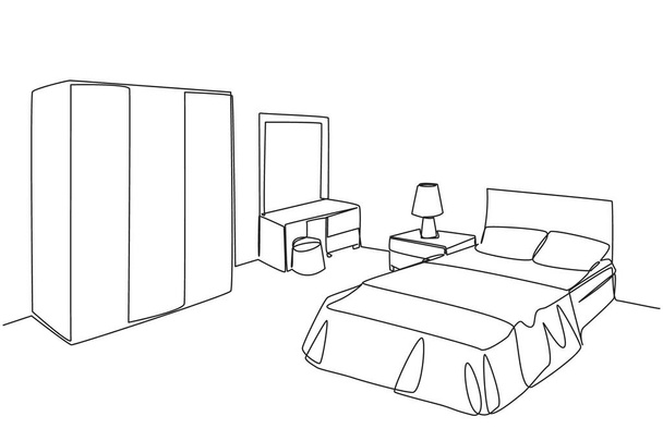 Jatkuva yhden linjan piirustus tyylikäs huone täynnä huonekaluja moderni. Moderni minimalistinen muotoilu. Esimerkki huoneesta tytölle. Sänky pehmeällä peitolla. Yksirivinen piirtokuva - Vektori, kuva