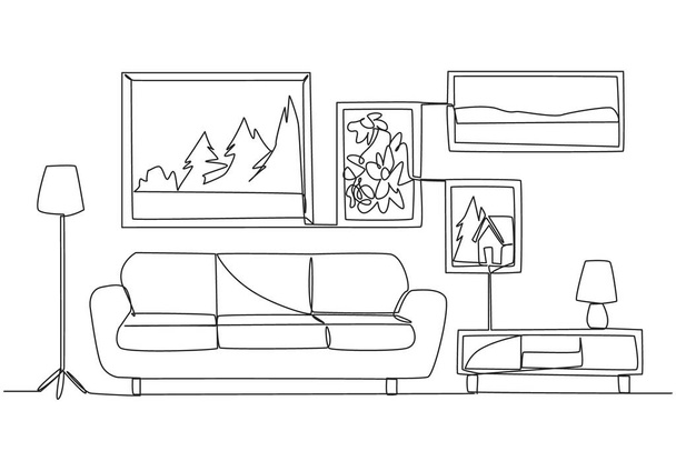 Jatkuva yhden linjan piirustus tyylikäs perhehuone, jossa on kolme pehmeää sohva. Skandinavian sisustus puuta tärkein materiaali huonekaluja. Kodikas. Yksirivinen piirtokuva - Vektori, kuva