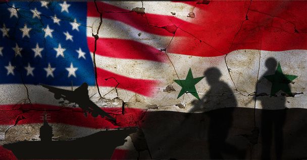 Конфлікт між США та Сирією. Політична напруженість між США та Сирією. США проти Сирії прапор на тріснутій стіні - Фото, зображення