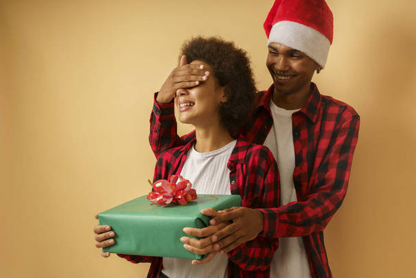 Joyeux et joyeux échange de couple cadeau de Noël - Photo, image