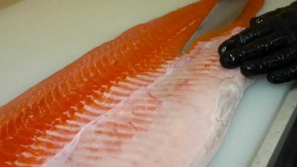 Chef che taglia e filetta il salmone in una cucina del ristorante usando un coltello. - Filmati, video