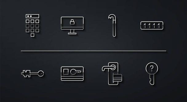 Définir la ligne Protection par mot de passe, vieille clé, serrure de porte numérique, carte à clé, moniteur d'ordinateur de verrouillage, indéfini et icône Crowbar. Vecteur - Vecteur, image