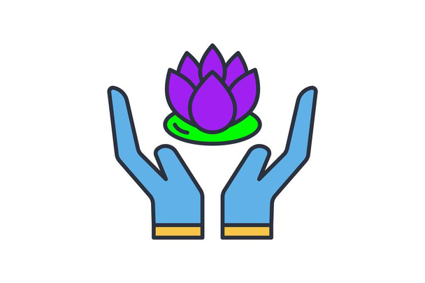 mano sosteniendo el icono de loto. icono relacionado con la meditación, el bienestar, el spa. línea plana icono de estilo. diseño vectorial simple editable - Vector, imagen
