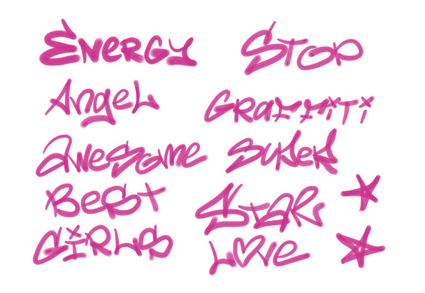 Колекція графіті вуличних арт-тегів зі словами та символами фіолетового кольору на білому тлі - Фото, зображення