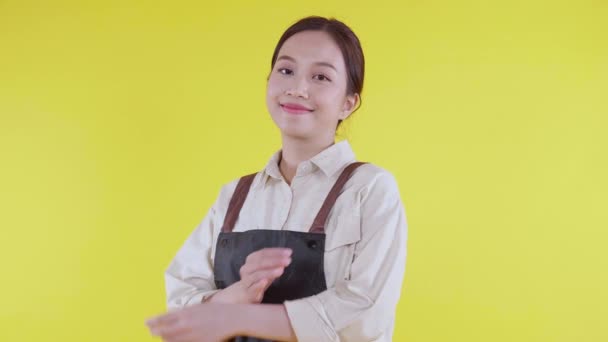 Portrait of young asian barista woman wearing apron standing and smile on yellow background, waitress or entrepreneur cheerful, small business or startup, waiter of cafe or coffee shop with confident. - Footage, Video