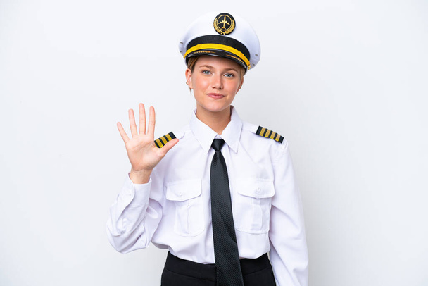 Samolot biały pilot kobieta odizolowany na białym tle licząc pięć z palcami - Zdjęcie, obraz