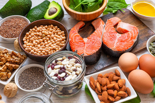 Potraviny bohaté na omega 3 mastné kyseliny a zdravé tuky. Zdravý keto a nízkosacharidová dieta stravovací koncept.  - Fotografie, Obrázek