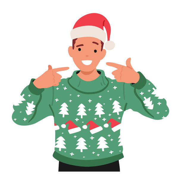 Мужчина в уютном рождественском уродливом свитере и Санта-Шляпе. Веселый мужской персонаж указывает на себя, источает праздничный дух с теплой улыбкой и сверкающими глазами. Вектор карикатурных людей - Вектор,изображение